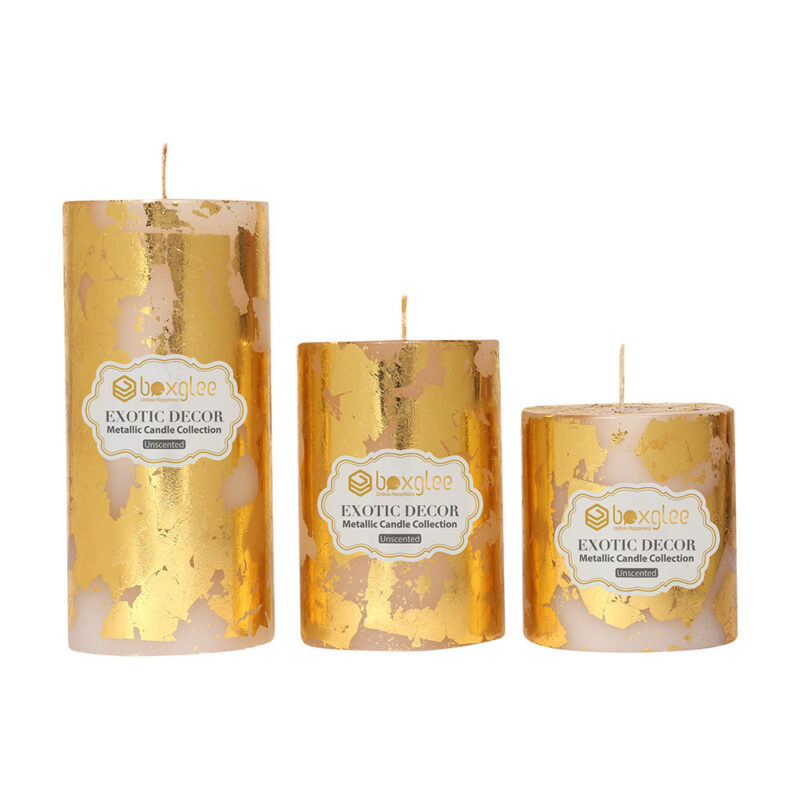 White Pillar Candle with Golden Foil Textured