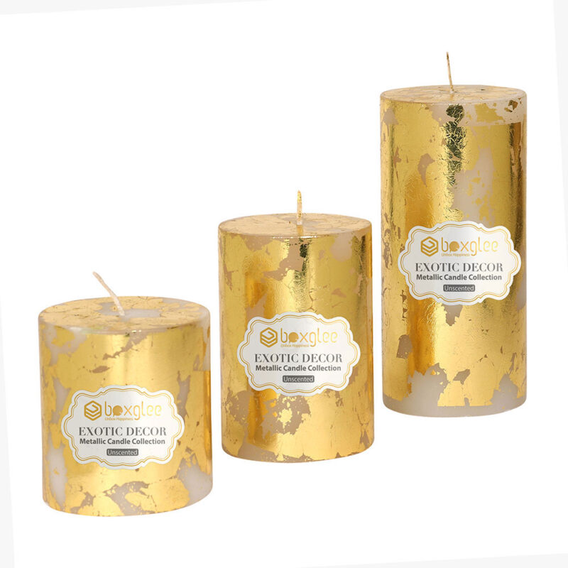 White Pillar Candle with Golden Foil Textured