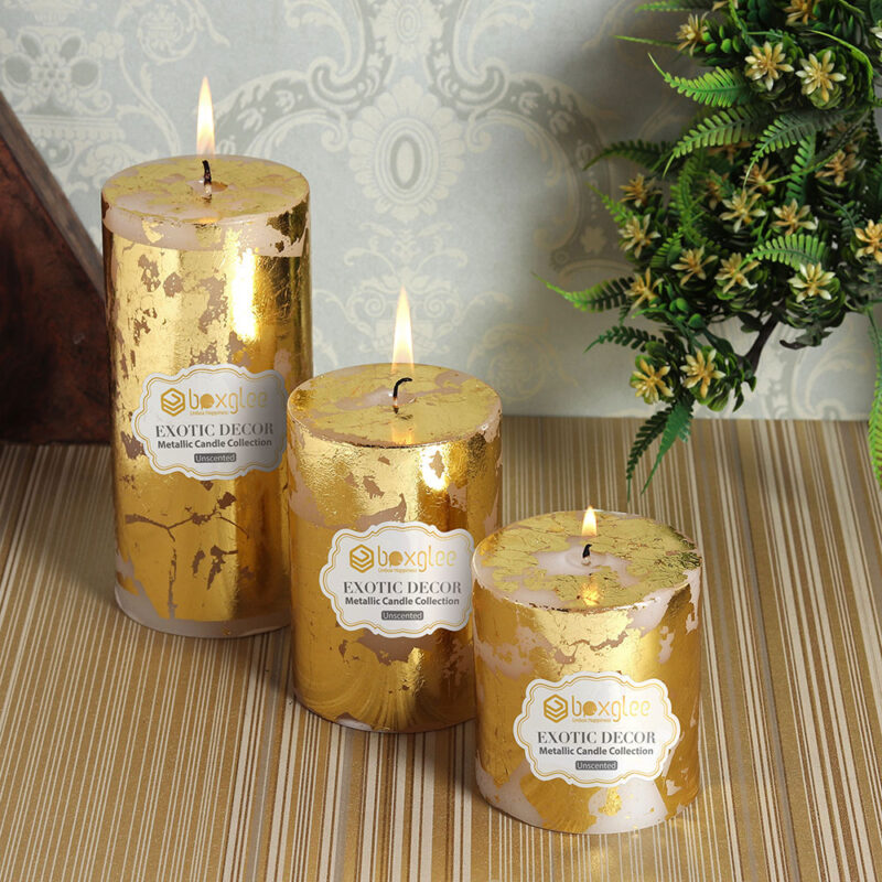 White Pillar Candle with Golden Foil Textured